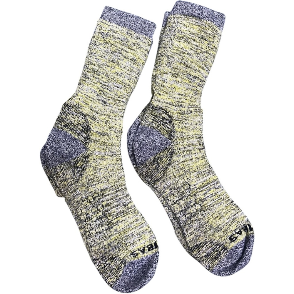 Bombas Yellow and Gray Marled Crew Socks with Purple Cuff